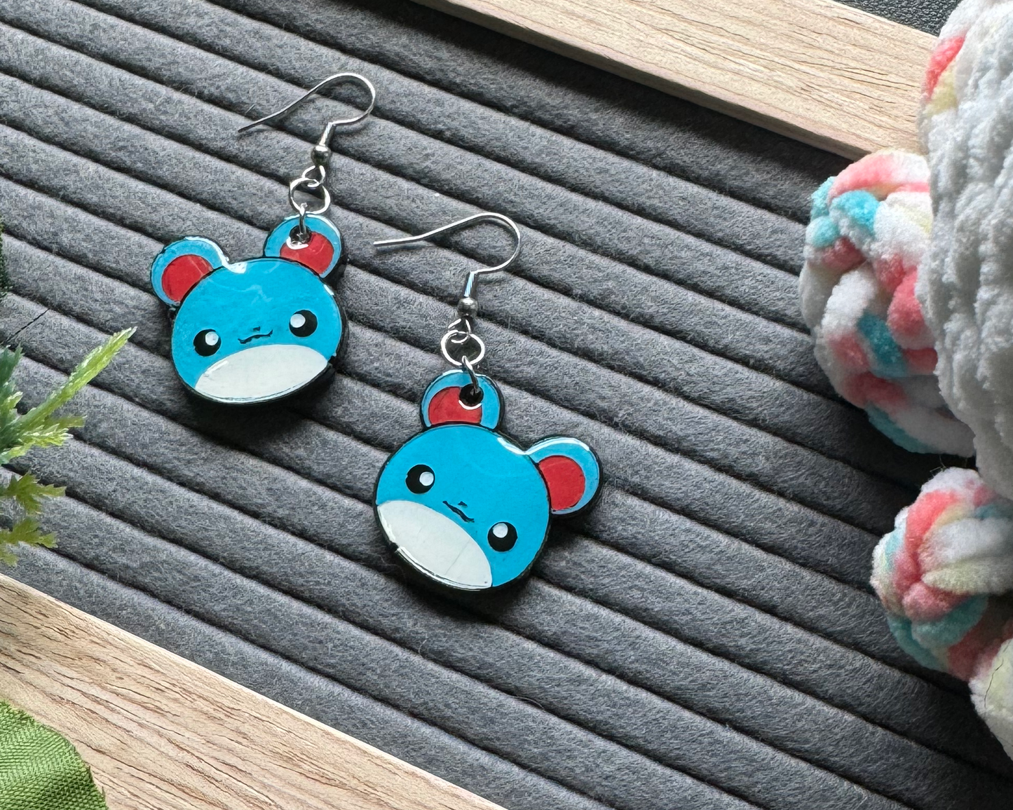 Small Blue Water Mouse Hypoallergenic Dangle Earrings